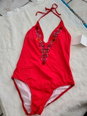 Women’s Red Embroidered V-Neck One-Piece Swimsuit